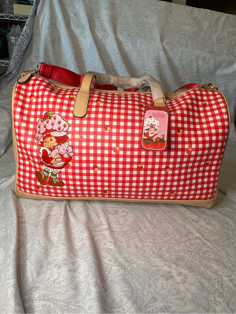 Strawberry Shortcake Red Gingham & Beige Pebbled Faux Leather Weekender Duffle